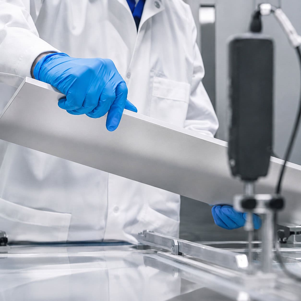 Lab technicians positioning a ceramic tile sample on a flexural strength testing apparatus