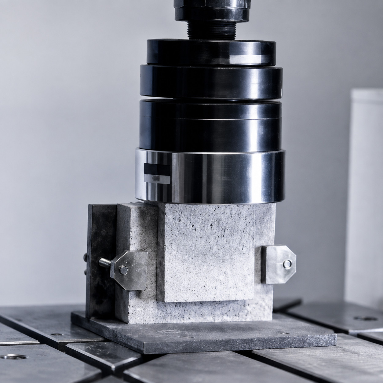Concrete floor tile sample undergoing compressive strength testing in a lab press