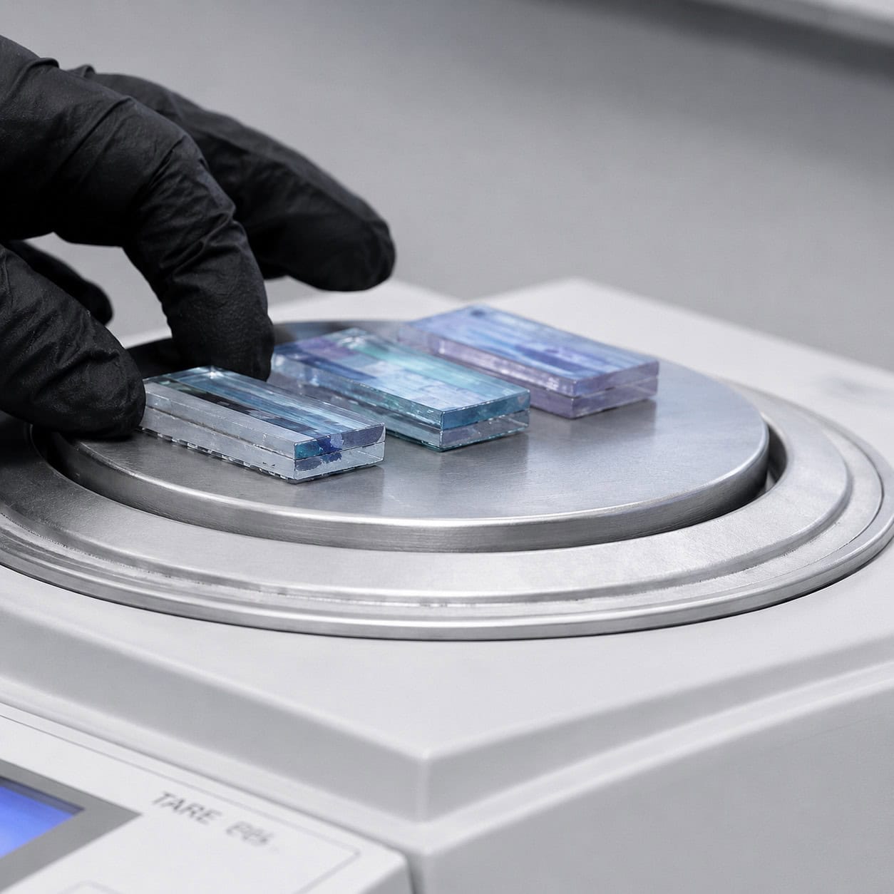 Lab technician placing glass tile samples on a precision balance for testing