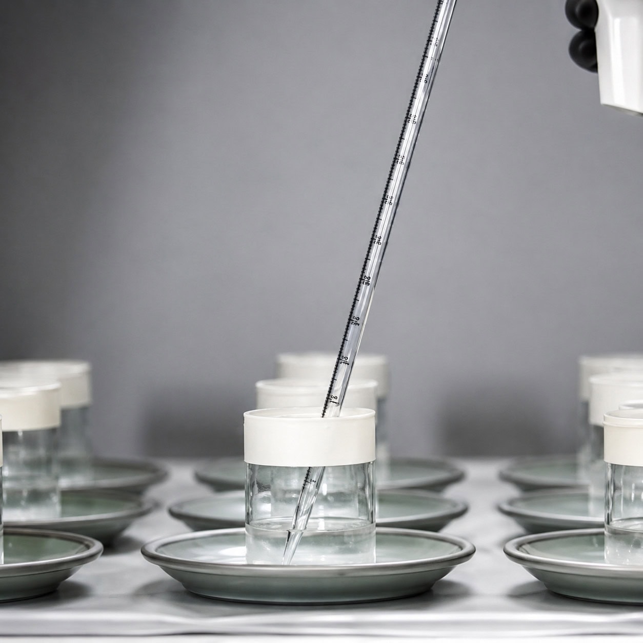 Pipette dispensing test solution into cups for tableware leaching testing