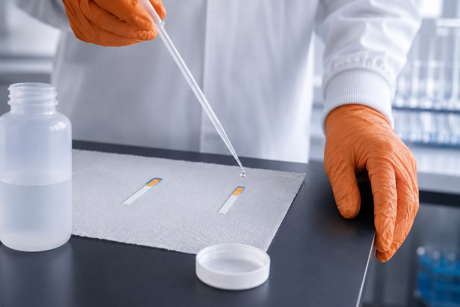 water-sample-lead-copper-testing-strips Laboratory technician testing water samples for lead and copper contamination